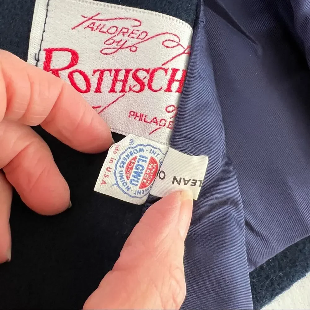 Vtg Rothschild Pea Coat Jacket Wool Navy Blue Red Button Front Union Made Sz S